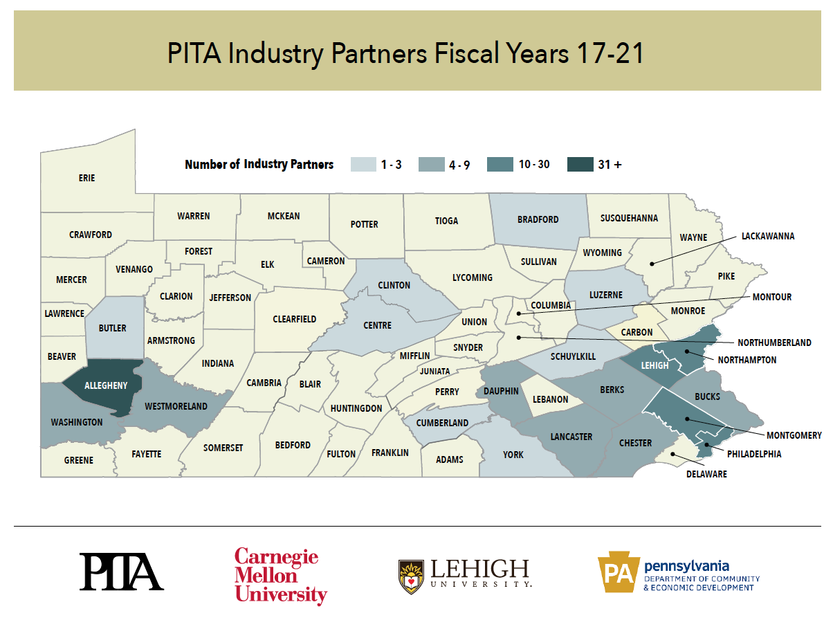 Map of PITA partners by county in PA